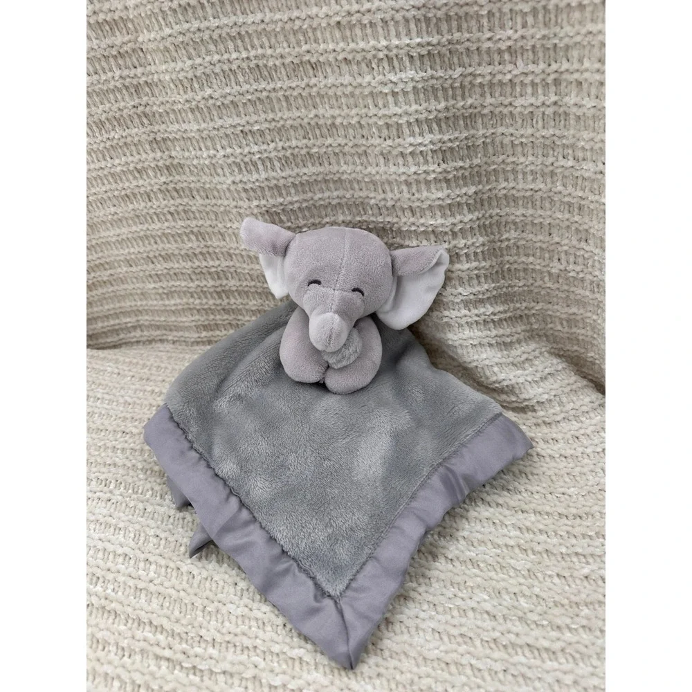 Carters Elephant Security Blanket Gray Plush Satin Trim Lovey Baby Snuggle 14x14